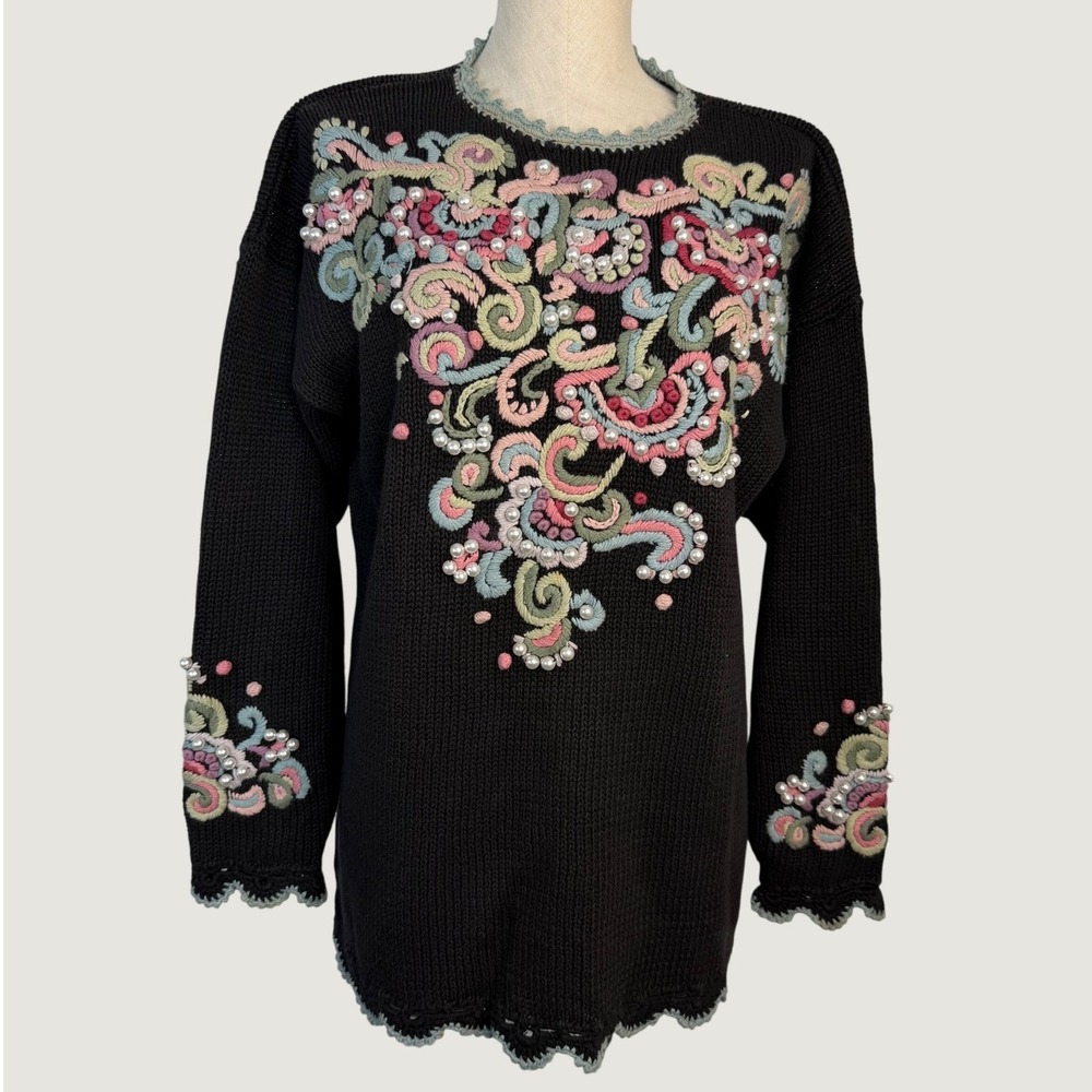 Boaz Vintage Black Embroidered Pearl Beaded Scalloped Sweater Womens Medium